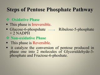 Steps of Pentose Phosphate Pathway
 Oxidative Phase
 This phase is Irreversible.
 Glucose-6-phospshate Ribulose-5-phosphate
+ 2 NADPH
 Non-oxidative Phase
 This phase is Reversible.
 it catalyze the conversion of pentose produced in
phase one into 2 molecules of Glyceraldehyde-3-
phosphate and Fructose-6-phoshate.
 