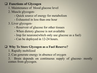  Functions of Glycogen
1. Maintenance of blood glucose level
2. Muscle glycogen-
- Quick source of energy for metabolism
- Exhausted in less than one hour
3. Liver glycogen-
- Reservoir of glucose for other tissues
- When dietory glucose is not available
- Imp for neurons(which only use glucose as a fuel)
- Can be deployed in 12-24 hours.
 Why To Store Glycogen as a Fuel Reserve?
1. Rapidly mobilized
2. Can generate energy in absence of oxygen
3. Brain depends on continuous supply of glucose- mostly
comes from glycogen.
 