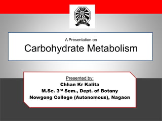 A Presentation on
Carbohydrate Metabolism
Presented by:
Chhan Kr Kalita
M.Sc. 3rd Sem., Dept. of Botany
Nowgong College (Autonomous), Nagaon
 