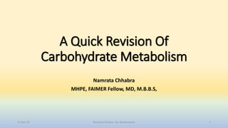 A Quick Revision Of
Carbohydrate Metabolism
Namrata Chhabra
MHPE, FAIMER Fellow, MD, M.B.B.S,
131-Dec-20 Namrata Chhabra -Our Biochemistry
 