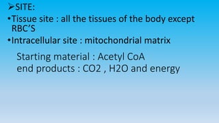 Starting material : Acetyl CoA
end products : CO2 , H2O and energy
SITE:
•Tissue site : all the tissues of the body except
RBC’S
•Intracellular site : mitochondrial matrix
 