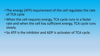 •The energy (ATP) requirement of the cell regulates the rate
of TCA cycle
•When the cell requires energy, TCA cycle runs in a faster
rate and when the cell has sufficient energy, TCA cycle runs
slowly.
•So ATP is the inhibitor and ADP is activator of TCA cycle.
 