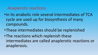 Anaplerotic reactions
•In its anabolic role several intermediates of TCA
cycle are used up for biosynthesis of many
compounds.
•These intermediates should be replenished
•The reactions which replenish these
intermediates are called anaplerotic reactions or
anaplerosis.
 