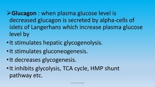 Glucagon : when plasma glucose level is
decreased glucagon is secreted by alpha-cells of
islets of Langerhans which increase plasma glucose
level by
•It stimulates hepatic glycogenolysis.
•It stimulates gluconeogenesis.
•It decreases glycogenesis.
•It inhibits glycolysis, TCA cycle, HMP shunt
pathway etc.
CLAUDIA JOHNNY
 