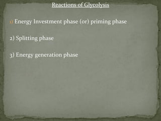 Reactions of Glycolysis
1) Energy Investment phase (or) priming phase
2) Splitting phase
3) Energy generation phase
 