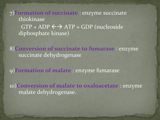 7)Formation of succinate : enzyme succinate
thiokinase
GTP + ADP  ATP + GDP (nucleoside
diphosphate kinase)
8)Conversion of succinate to fumarase : enzyme
succinate dehydrogenase
9)Formation of malate : enzyme fumarase
10)Conversion of malate to oxaloacetate : enzyme
malate dehydrogenase.
 