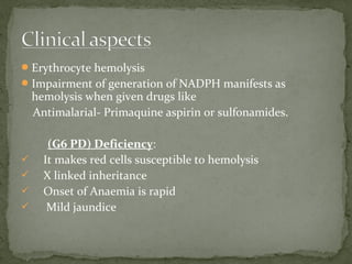Erythrocyte hemolysis
Impairment of generation of NADPH manifests as
hemolysis when given drugs like
Antimalarial- Primaquine aspirin or sulfonamides.
(G6 PD) Deficiency:
 It makes red cells susceptible to hemolysis
 X linked inheritance
 Onset of Anaemia is rapid
 Mild jaundice
 