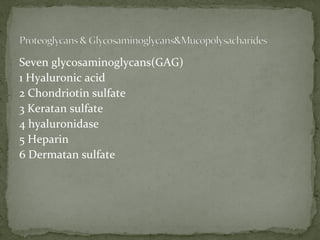 Seven glycosaminoglycans(GAG)
1 Hyaluronic acid
2 Chondriotin sulfate
3 Keratan sulfate
4 hyaluronidase
5 Heparin
6 Dermatan sulfate
 