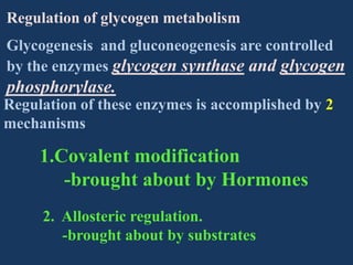 Regulation of glycogen metabolism
Glycogenesis and gluconeogenesis are controlled
by the enzymes glycogen synthase and glycogen

phosphorylase.
Regulation of these enzymes is accomplished by 2
mechanisms

1.Covalent modification
-brought about by Hormones
2. Allosteric regulation.
-brought about by substrates

 