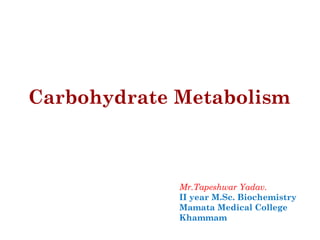 Carbohydrate Metabolism
Mr.Tapeshwar Yadav.
II year M.Sc. Biochemistry
Mamata Medical College
Khammam
 