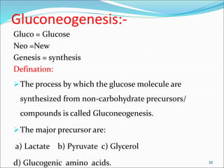 Gluconeogenesis:-
Gluco = Glucose
Neo =New
Genesis = synthesis
Defination:
The process by which the glucose molecule are
synthesized from non-carbohydrate precursors/
compounds is called Gluconeogenesis.
The major precursor are:
a) Lactate b) Pyruvate c) Glycerol
d) Glucogenic amino acids. 35
 