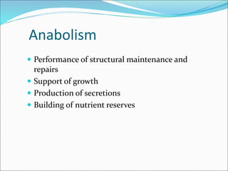  Performance of structural maintenance and
repairs
 Support of growth
 Production of secretions
 Building of nutrient reserves
Anabolism
 
