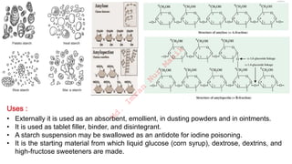 • Externally it is used as an absorbent, emollient, in dusting powders and in ointments.
• It is used as tablet filler, binder, and disintegrant.
• A starch suspension may be swallowed as an antidote for iodine poisoning.
• It is the starting material from which liquid glucose (corn syrup), dextrose, dextrins, and
high-fructose sweeteners are made.
M
d
.
I
m
r
a
n
N
u
r
M
a
n
i
k
 