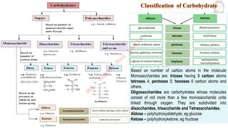 Saccharide is derived from the Greek sakcharon,
meaning “sugar”.
Sugars are monosaccharides, i.e., compounds that
cannot be hydrolyzed to simpler sugars; e.g. D-glucose,
also called dextrose.
Disaccharides: Yields 2 monosaccharide molecules on
hydrolysis;(e.g. sucrose, which is hydrolyzed into glucose
and fructose) Trisaccharides yields 3 and
Tetrasaccharides yields 4 monosaccharide molecules on
hydrolysis; and so forth.
Based on number of carbon atoms in the molecule
Monosaccharides are: trioses having 3 carbon atoms
tetroses 4; pentoses 5; hexoses 6 carbon atoms and
others.
Oligosaccharides are carbohydrates whose molecules
consist of not more than a few monosaccharide units
linked through oxygen. They are subdivided into
disaccharides, trisaccharide and Tetrasaccharides.
Aldose – polyhydroxyaldehyde, eg glucose
Ketose – polyhydroxyketone, eg fructose
M
d
.
I
m
r
a
n
N
u
r
M
a
n
i
k
 