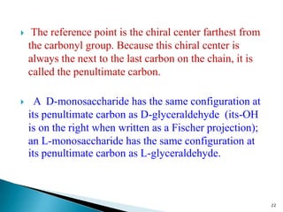  The reference point is the chiral center farthest from
the carbonyl group. Because this chiral center is
always the next to the last carbon on the chain, it is
called the penultimate carbon.
 A D-monosaccharide has the same configuration at
its penultimate carbon as D-glyceraldehyde (its-OH
is on the right when written as a Fischer projection);
an L-monosaccharide has the same configuration at
its penultimate carbon as L-glyceraldehyde.
22
 
