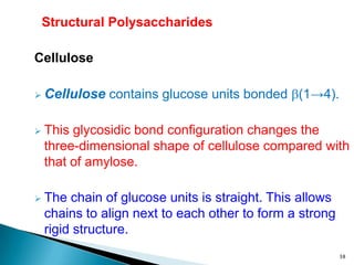 Structural Polysaccharides
Cellulose
 Cellulose contains glucose units bonded (1→4).
 This glycosidic bond configuration changes the
three-dimensional shape of cellulose compared with
that of amylose.
 The chain of glucose units is straight. This allows
chains to align next to each other to form a strong
rigid structure.
38
 