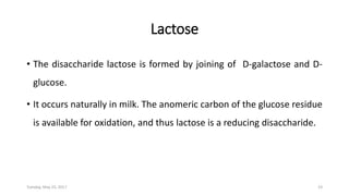 Lactose
• The disaccharide lactose is formed by joining of D-galactose and D-
glucose.
• It occurs naturally in milk. The anomeric carbon of the glucose residue
is available for oxidation, and thus lactose is a reducing disaccharide.
Tuesday, May 23, 2017 23
 