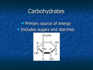 Carbohydrates Primary source of energy Includes sugars and starches. 