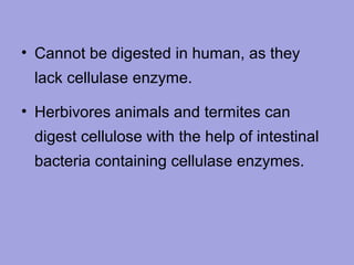 • Cannot be digested in human, as they
lack cellulase enzyme.
• Herbivores animals and termites can
digest cellulose with the help of intestinal
bacteria containing cellulase enzymes.

 