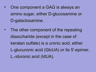 •

One component a GAG is always an
amino sugar, either D‑glucosamine or
D‑galactosamine.

•

The other component of the repeating
disaccharide (except in the case of
keratan sulfate) is a uronic acid, either
L‑glucuronic acid (GlcUA) or its 5'‑epimer,
L,‑iduronic acid (IdUA).

 