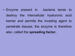 • Enzyme present in

bacteria tends to

destroy the intercellular hyaluronic acid
barrier and permits the invading agent to
penetrate tissues; the enzyme is therefore
also .called the spreading factor.

 