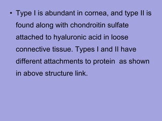 • Type I is abundant in cornea, and type II is
found along with chondroitin sulfate
attached to hyaluronic acid in loose
connective tissue. Types I and II have
different attachments to protein as shown
in above structure link.

 