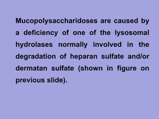 • Mucopolysaccharidoses are caused by
a deficiency of one of the lysosomal
hydrolases normally involved in the
degradation of heparan sulfate and/or
dermatan sulfate (shown in figure on
previous slide).

 