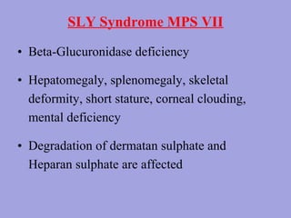 SLY Syndrome MPS VII
• Beta-Glucuronidase deficiency
• Hepatomegaly, splenomegaly, skeletal
deformity, short stature, corneal clouding,
mental deficiency
• Degradation of dermatan sulphate and
Heparan sulphate are affected

 