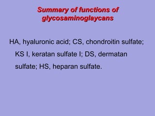Summary of functions of
glycosaminoglaycans
HA, hyaluronic acid; CS, chondroitin sulfate;
KS I, keratan sulfate I; DS, dermatan
sulfate; HS, heparan sulfate.

 