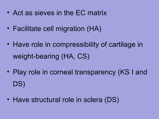 • Act as sieves in the EC matrix
• Facilitate cell migration (HA)
• Have role in compressibility of cartilage in
weight‑bearing (HA, CS)
• Play role in corneal transparency (KS I and
DS)
• Have structural role in sclera (DS)

 