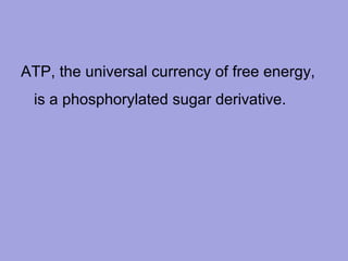 ATP, the universal currency of free energy,
is a phosphorylated sugar derivative.

 