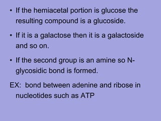 • If the hemiacetal portion is glucose the
resulting compound is a glucoside.
• If it is a galactose then it is a galactoside
and so on.
• If the second group is an amine so Nglycosidic bond is formed.
EX: bond between adenine and ribose in
nucleotides such as ATP

 