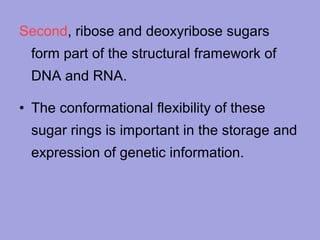Second, ribose and deoxyribose sugars
form part of the structural framework of
DNA and RNA.
• The conformational flexibility of these
sugar rings is important in the storage and
expression of genetic information.

 