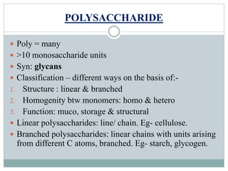 POLYSACCHARIDE 
 Poly = many 
 >10 monosaccharide units 
 Syn: glycans 
 Classification – different ways on the basis of:- 
1. Structure : linear & branched 
2. Homogenity btw monomers: homo & hetero 
3. Function: muco, storage & structural 
 Linear polysaccharides: line/ chain. Eg- cellulose. 
 Branched polysaccharides: linear chains with units arising 
from different C atoms, branched. Eg- starch, glycogen. 
 