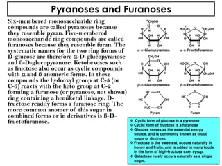 Pyranoses and Furanoses
Six-membered monosaccharide ring
compounds are called pyranoses because
they resemble pyran. Five-membered
monosaccharide ring compounds are called
furanoses because they resemble furan. The
systematic names for the two ring forms of
D-glucose are therefore -D-glucopyranose
and ß-D-glucopyranose. Ketohexoses such
as fructose also occur as cyclic compounds
with  and ß anomeric forms. In these
compounds the hydroxyl group at C-5 (or
C-6) reacts with the keto group at C-2
forming a furanose (or pyranose, not shown)
ring containing a hemiketal linkage. D-
fructose readily forms a furanose ring. The
more common anomer of this sugar in
combined forms or in derivatives is ß-D-
fructofuranose.  Cyclic form of glucose is a pyranose
 Cyclic form of fructose is a furanose
 Glucose serves as the essential energy
source, and is commonly known as blood
sugar or dextrose.
 Fructose is the sweetest, occurs naturally in
honey and fruits, and is added to many foods
in the form of high-fructose corn syrup.
 Galactose rarely occurs naturally as a single
sugar.
 