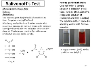 Salivonoff's Test
Shows positive test for:
Ketoses
Reactions:
The test reagent dehydrates ketohexoses to
form 5-hydroxymethylfurfural.
5-hydroxymethylfurfural further reacts with
resorcinol present in the test reagent to produce
a red product within two minutes (reaction not
shown). Aldohexoses react to form the same
product, but do so more slowly.
29
How to perform the test:
One half ml of a sample
solution is placed in a test
tube. Two ml of Seliwanoff's
reagent (a solution of
resorcinol and HCl) is added.
The solution is then heated in
a boiling water bath for two
minutes.
A positive test is indicated by:
The formation of a red
product.
a negative test (left) and a
positive test (right)
 