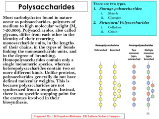 Polysaccharides
Most carbohydrates found in nature
occur as polysaccharides, polymers of
medium to high molecular weight (Mr
>20,000). Polysaccharides, also called
glycans, differ from each other in the
identity of their recurring
monosaccharide units, in the lengths
of their chains, in the types of bonds
linking the monosaccharide units, and
in the degree of branching.
Homopolysaccharides contain only a
single monomeric species, whereas
heteropolysaccharides contain two or
more different kinds. Unlike proteins,
polysaccharides generally do not have
defined molecular weights. This is
because polysaccharides are not
synthesized from a template. Instead,
there is no specific stopping point for
the enzymes involved in their
biosynthesis.
36
Prepared By : M.Fazal-ur-Rehman UE Lahore,Vehari Campus
There are two types.
1. Storage polsaccharides
i. Starch
ii. Glycogen
2. Structural Polysaccharides
i. Cellulose
ii. Chitin
 