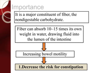 Importance
Fiber can absorb 10–15 times its own
weight in water, drawing fluid into
the lumen of the intestine
Increasing bowel motility
1.Decrease the risk for constipation
It is a major constituent of fiber, the
nondigestable carbohydrate.
 