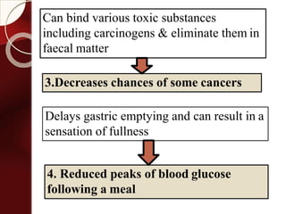 Delays gastric emptying and can result in a
sensation of fullness
4. Reduced peaks of blood glucose
following a meal
Can bind various toxic substances
including carcinogens & eliminate them in
faecal matter
3.Decreases chances of some cancers
 
