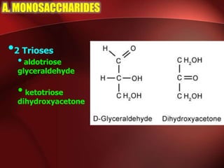 A. MONOSACCHARIDES
•2 Trioses
•aldotriose
glyceraldehyde
•ketotriose
dihydroxyacetone
 