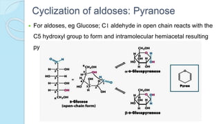 Cyclization of aldoses: Pyranose
 For aldoses, eg Glucose; C1 aldehyde in open chain reacts with the
C5 hydroxyl group to form and intramolecular hemiacetal resulting
pyranose
 
