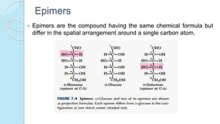 Epimers
 Epimers are the compound having the same chemical formula but
differ in the spatial arrangement around a single carbon atom.
 