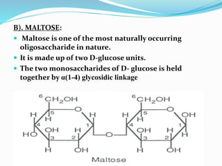 B). MALTOSE:
 Maltose is one of the most naturally occurring
oligosaccharide in nature.
 It is made up of two D-glucose units.
 The two monosaccharides of D- glucose is held
together by α(1-4) glycosidic linkage
 