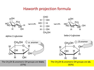 Haworth projection formula
CHO
OHH
HHO
OHH
OHH
CH2OH
O
H
HO
H
HO
H
OH
OHH
H
OH
O
H
HO
H
HO
H
H
OHH
OH
OH
alpha-(+)-glucose beta-(+)-glucose
OH
OH
OH
H
H
OHH
OH
CH2OH
OH
OH
H
OH
H
OHH
OH
CH2OH
The CH2OH & anomeric OH groups are trans.
(37%)
The CH2OH & anomeric OH groups are cis.
(63%)
α anomer β anomer
 
