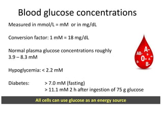 Blood glucose concentrations
Measured in mmol/L = mM or in mg/dL
Conversion factor: 1 mM = 18 mg/dL
Normal plasma glucose concentrations roughly
3.9 – 8.3 mM
Hypoglycemia: < 2.2 mM
Diabetes: > 7.0 mM (fasting)
> 11.1 mM 2 h after ingestion of 75 g glucose
All cells can use glucose as an energy source
 