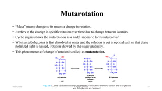 Mutarotation
• “Muta” means change so its means a change in rotation.
• It refers to the change in specific rotation over time due to change between isomers.
• Cyclic sugars shows the mutarotation as α and β anomeric forms interconvert.
• When an aldohexoses is first dissolved in water and the solution is put in optical path so that plane
polarized light is passed, rotation showed by the sugar gradually.
• This phenomenon of change of rotation is called as mutarotation.
18/01/2020 17M.ADEEL AKRAM
 