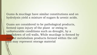 Gums & mucilage have similar constitutions and on
hydrolysis yield a mixture of sugars & uronic acids.
Gums are considered to be pathological products,
formed upon injury of the plant or owing to
unfavourable conditions such as drought, by a
breakdown of cell walls, While mucilage is formed by
normal metabolism products formed within the cell
and may represent storage material
 