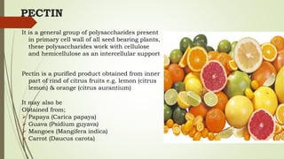 PECTIN
It is a general group of polysaccharides present
in primary cell wall of all seed bearing plants,
these polysaccharides work with cellulose
and hemicellulose as an intercellular support
Pectin is a purified product obtained from inner
part of rind of citrus fruits e.g. lemon (citrus
lemon) & orange (citrus aurantium)
It may also be
Obtained from;
 Papaya (Carica papaya)
 Guava (Psidium guyava)
 Mangoes (Mangifera indica)
 Carrot (Daucus carota)
 