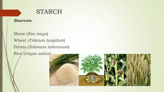 STARCH
Sources:
Maize (Zea mays)
Wheat (Triticum turgidum)
Potato (Solanum tuberosum)
Rice (Oryza sativa)
 