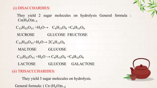 (i) DISACCHARDIES:
They yield 2 sugar molecules on hydrolysis General formula :
Cn(H₂O)n₋₁
C₁₂H₂₂O₁₁ +H₂O→ C₆H₁₂O₆ +C₆H₁₂O₆
SUCROSE GLUCOSE FRUCTOSE
C₁₂H₂₂O₁₁+H₂O→ 2C₆H₁₂O₆
MALTOSE GLUCOSE
C₁₂H₂₂O₁₁ +H₂O → C₆H₁₂O₆ +C₆H₁₂O₆
LACTOSE GLUCOSE GALACTOSE
(ii) TRISACCCHARIDES:
They yield 3 sugar molecules on hydrolysis.
General formula: ( Cn (H₂O)n₋₂
 